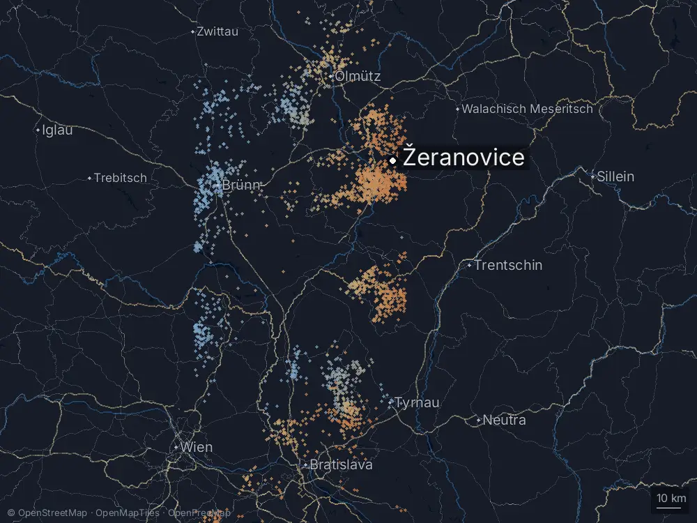Karte der Blitze bei Žeranovice am Donnerstag, 8. August 2024