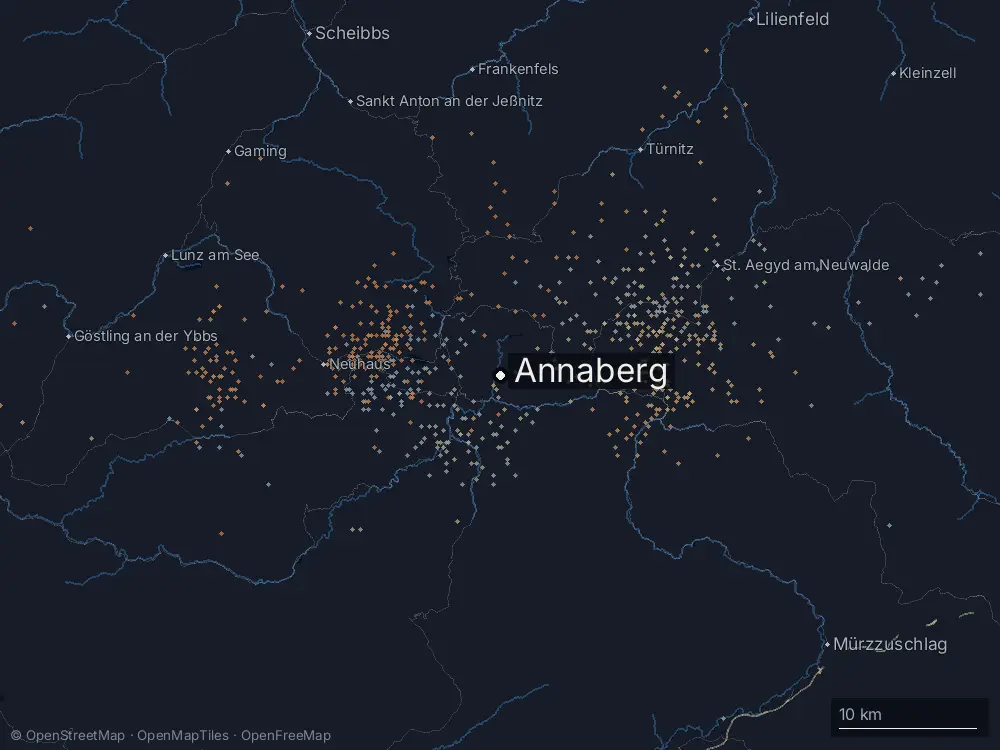 Karte der Blitze bei Annaberg am Montag, 12. August 2024