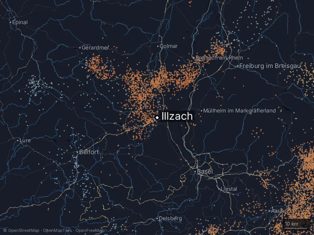 Karte der Blitze bei Illzach am Montag, 12. August 2024
