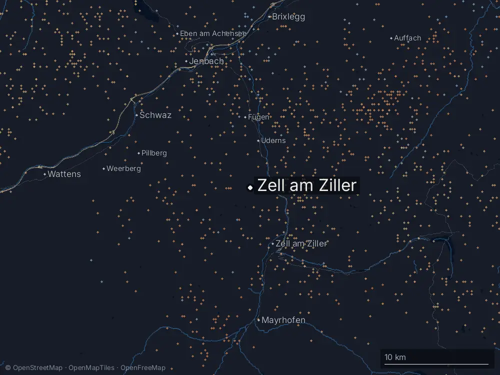 Karte der Blitze bei Zell am Ziller am Montag, 12. August 2024