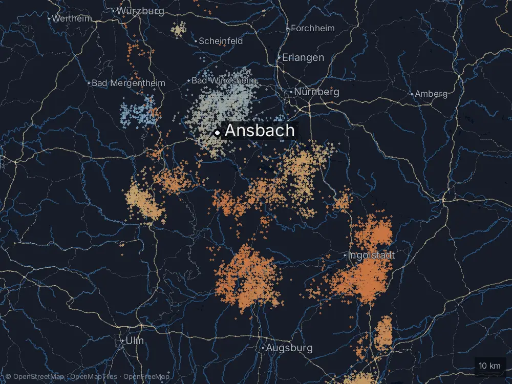 Karte der Blitze bei Ansbach am Dienstag, 13. August 2024