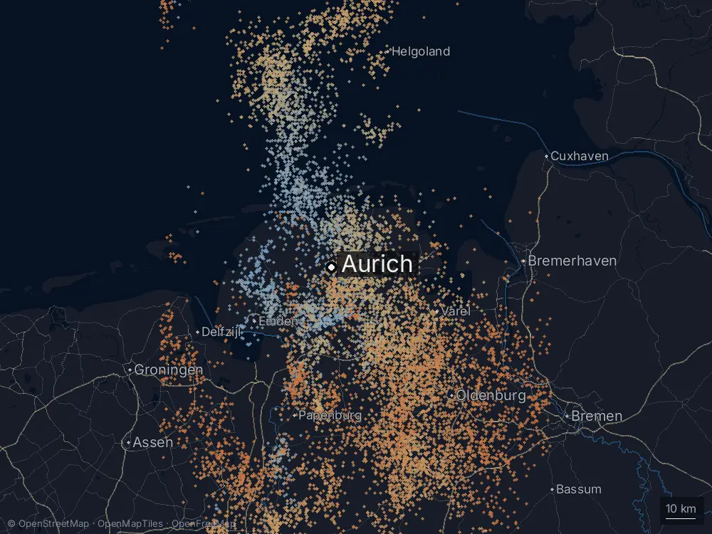 Karte der Blitze bei Aurich am Dienstag, 13. August 2024