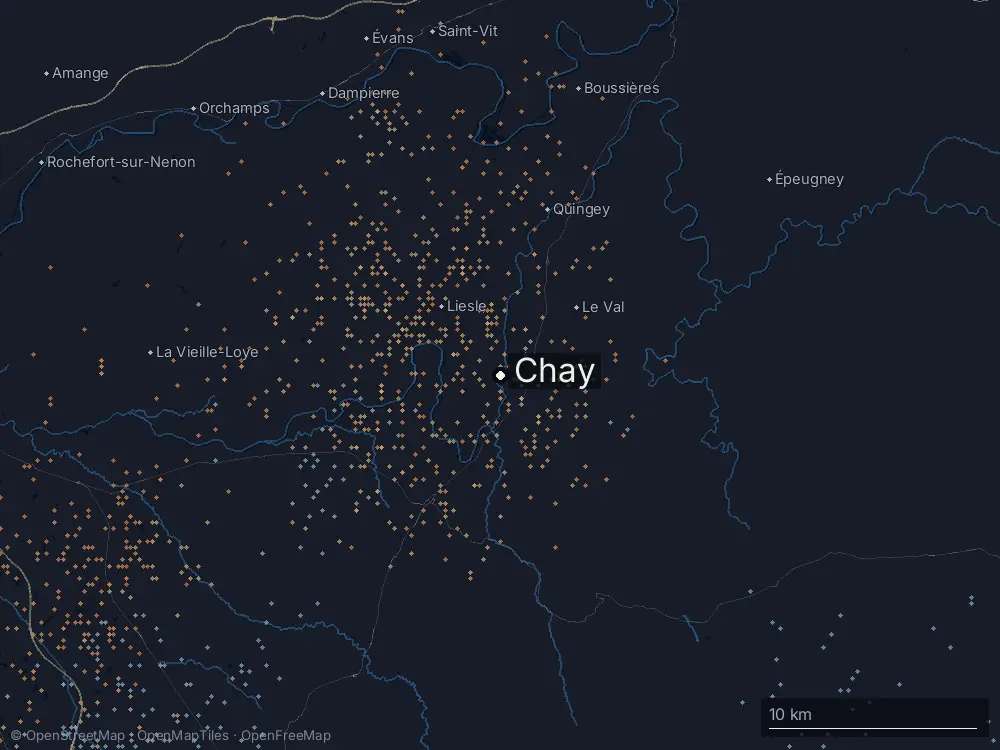 Karte der Blitze bei Chay am Dienstag, 13. August 2024