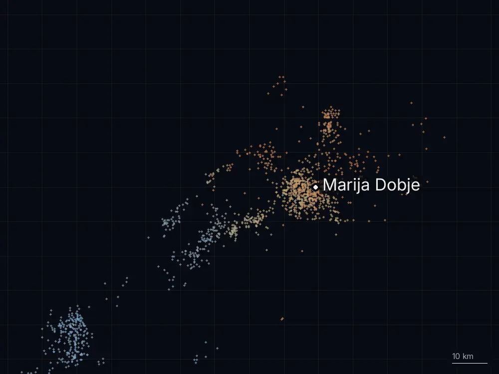 Karte der Blitze bei Marija Dobje am Dienstag, 13. August 2024