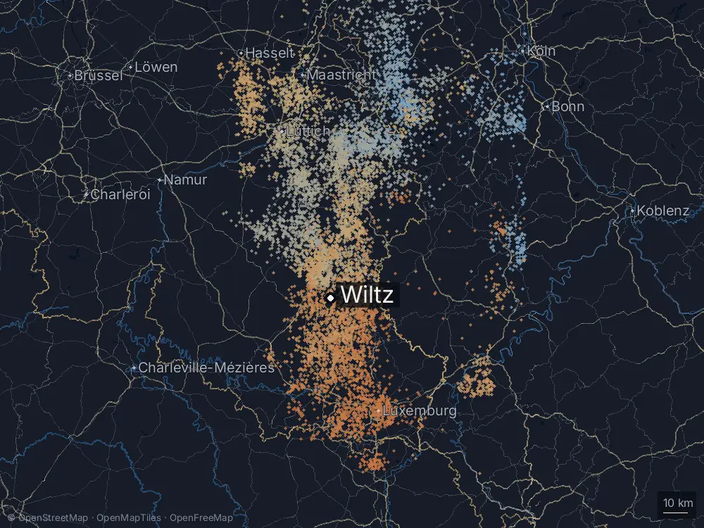 Karte der Blitze bei Wiltz am Dienstag, 13. August 2024