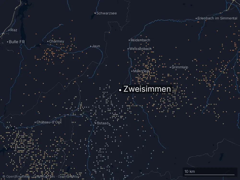 Karte der Blitze bei Zweisimmen am Dienstag, 13. August 2024
