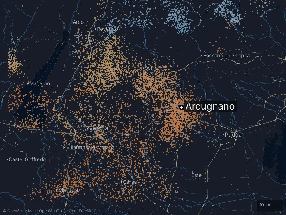 Karte der Blitze bei Arcugnano am Mittwoch, 14. August 2024