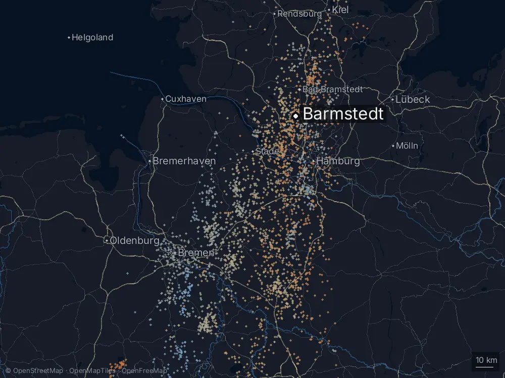 Karte der Blitze bei Barmstedt am Mittwoch, 14. August 2024
