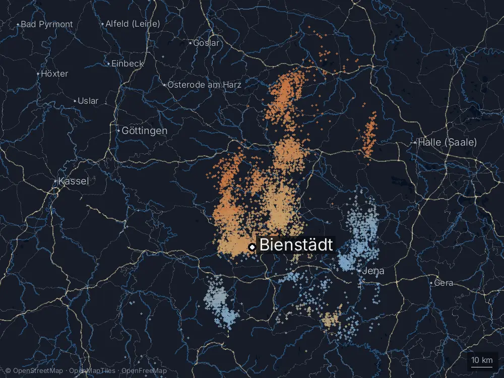 Karte der Blitze bei Bienstädt am Mittwoch, 14. August 2024