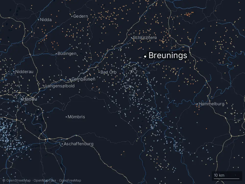 Karte der Blitze bei Breunings am Mittwoch, 14. August 2024