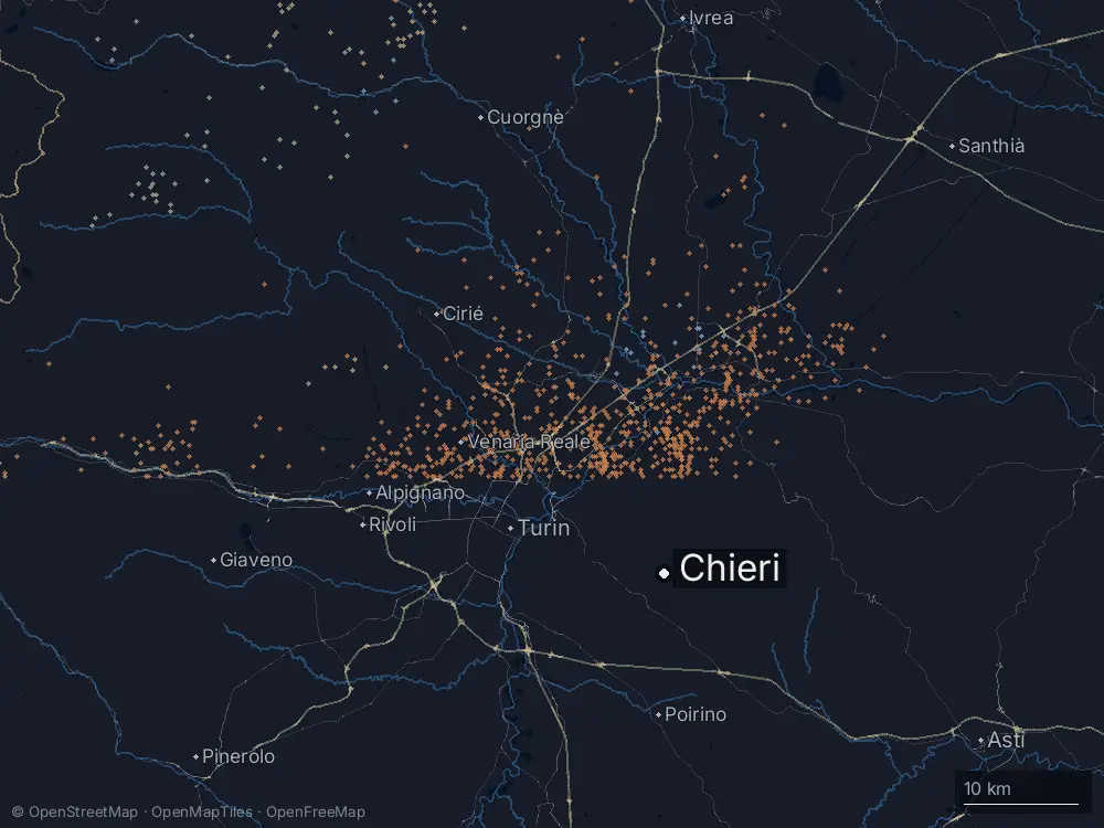 Karte der Blitze bei Chieri am Mittwoch, 14. August 2024