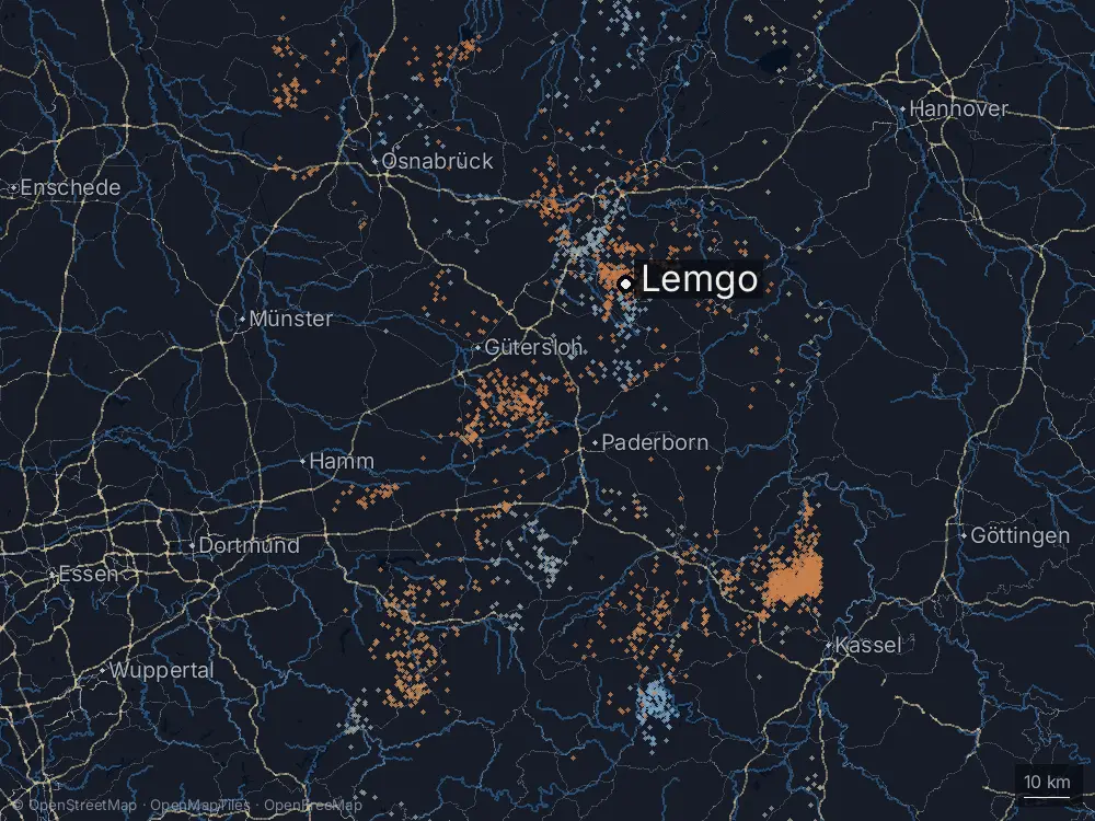 Karte der Blitze bei Lemgo am Mittwoch, 14. August 2024