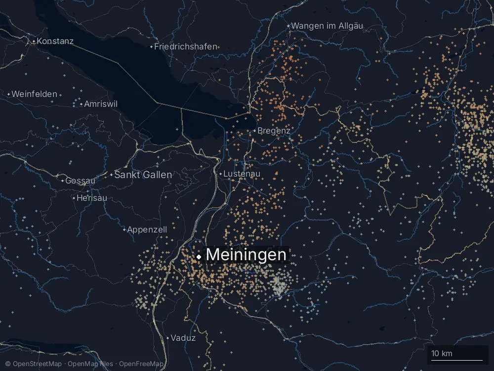Karte der Blitze bei Meiningen am Mittwoch, 14. August 2024