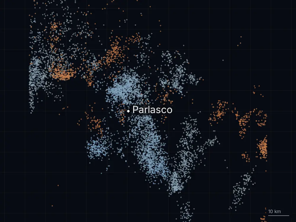 Karte der Blitze bei Parlasco am Mittwoch, 14. August 2024