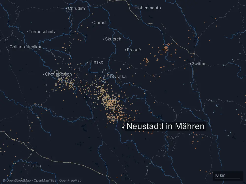 Karte der Blitze bei Neustadtl in Mähren am Samstag, 17. August 2024