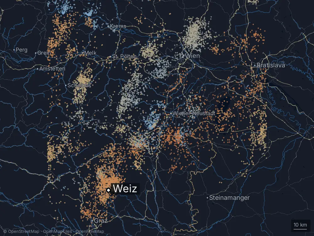 Karte der Blitze bei Weiz am Samstag, 17. August 2024