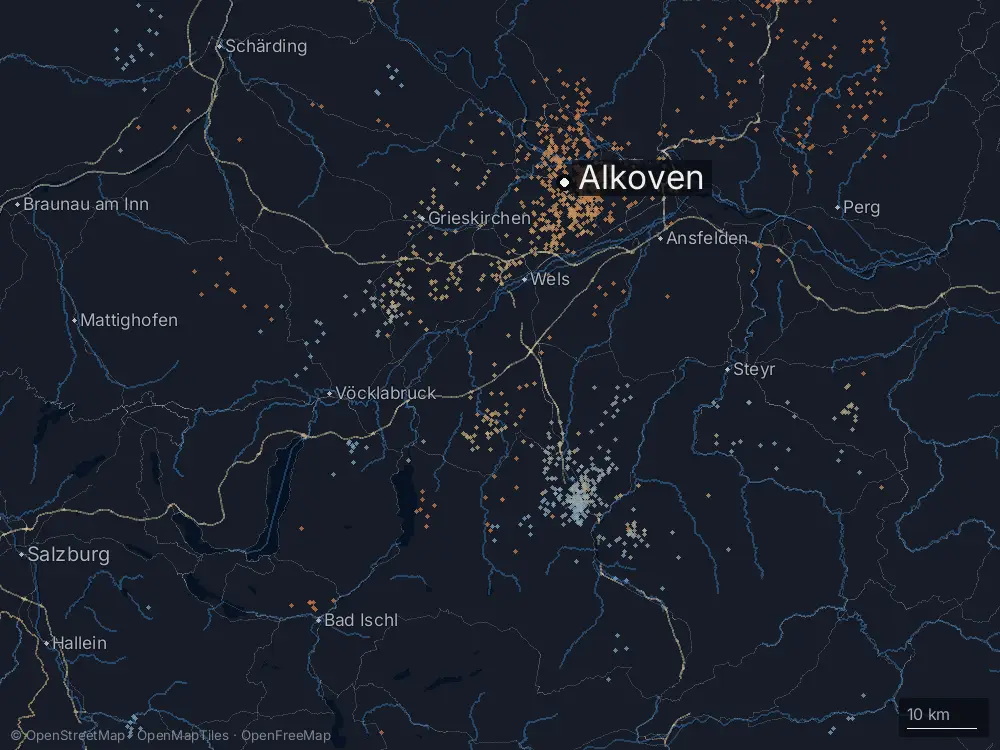 Karte der Blitze bei Alkoven am Sonntag, 18. August 2024