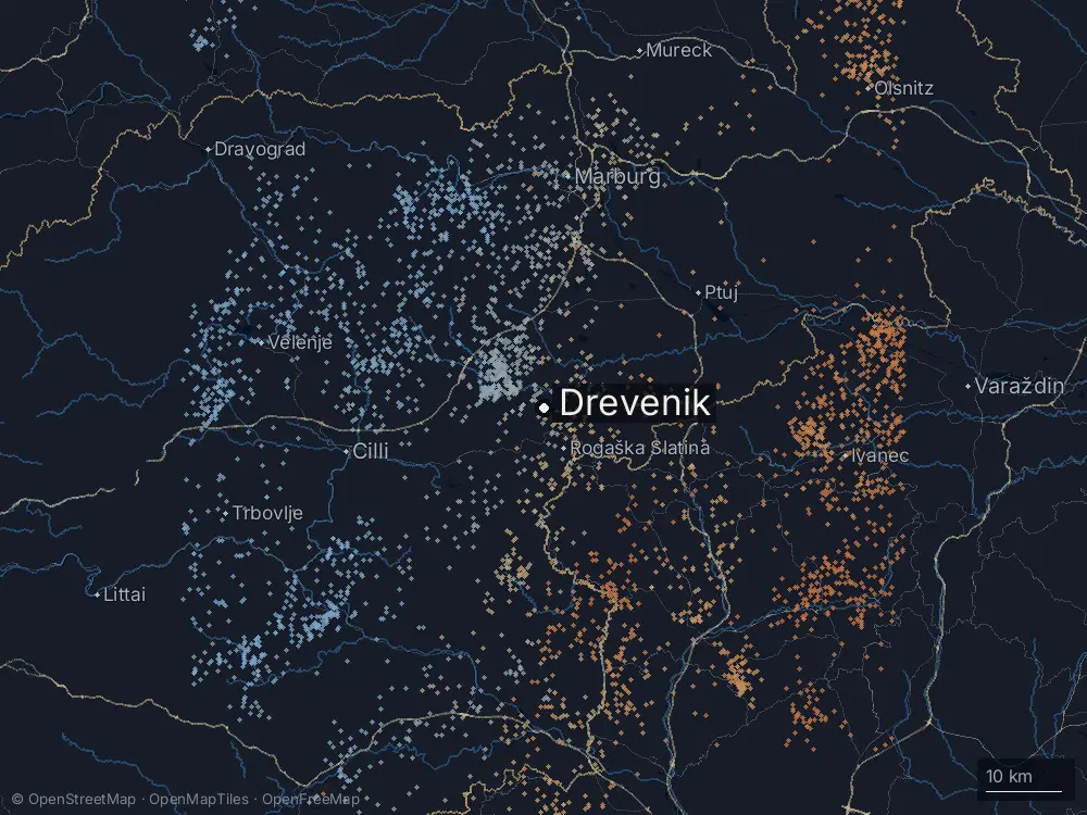 Karte der Blitze bei Drevenik am Sonntag, 18. August 2024