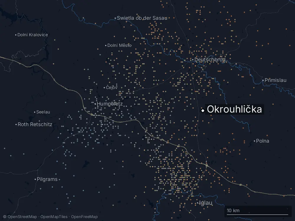 Karte der Blitze bei Okrouhlička am Sonntag, 18. August 2024