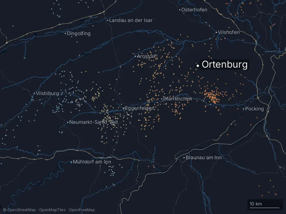 Karte der Blitze bei Ortenburg am Sonntag, 18. August 2024