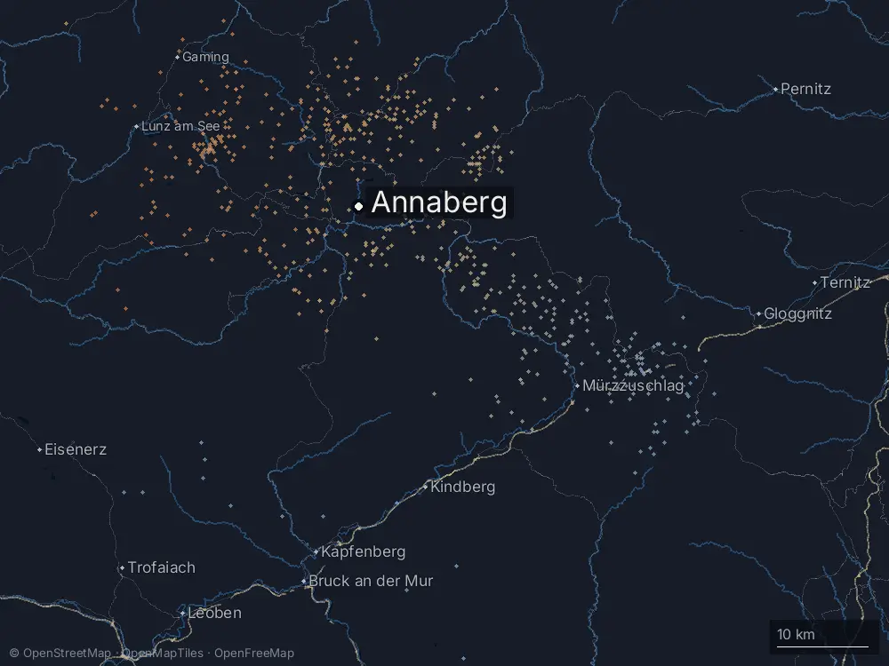 Karte der Blitze bei Annaberg am Dienstag, 20. August 2024