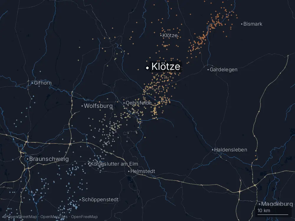 Karte der Blitze bei Klötze am Mittwoch, 21. August 2024