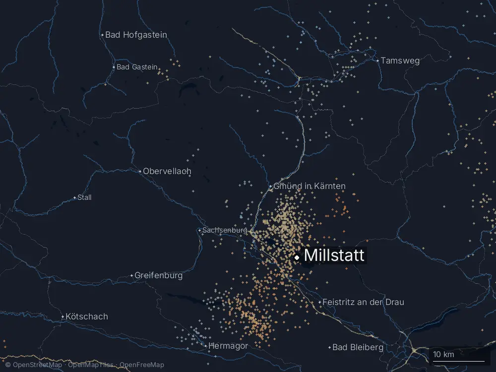 Karte der Blitze bei Millstatt am Sonntag, 25. August 2024