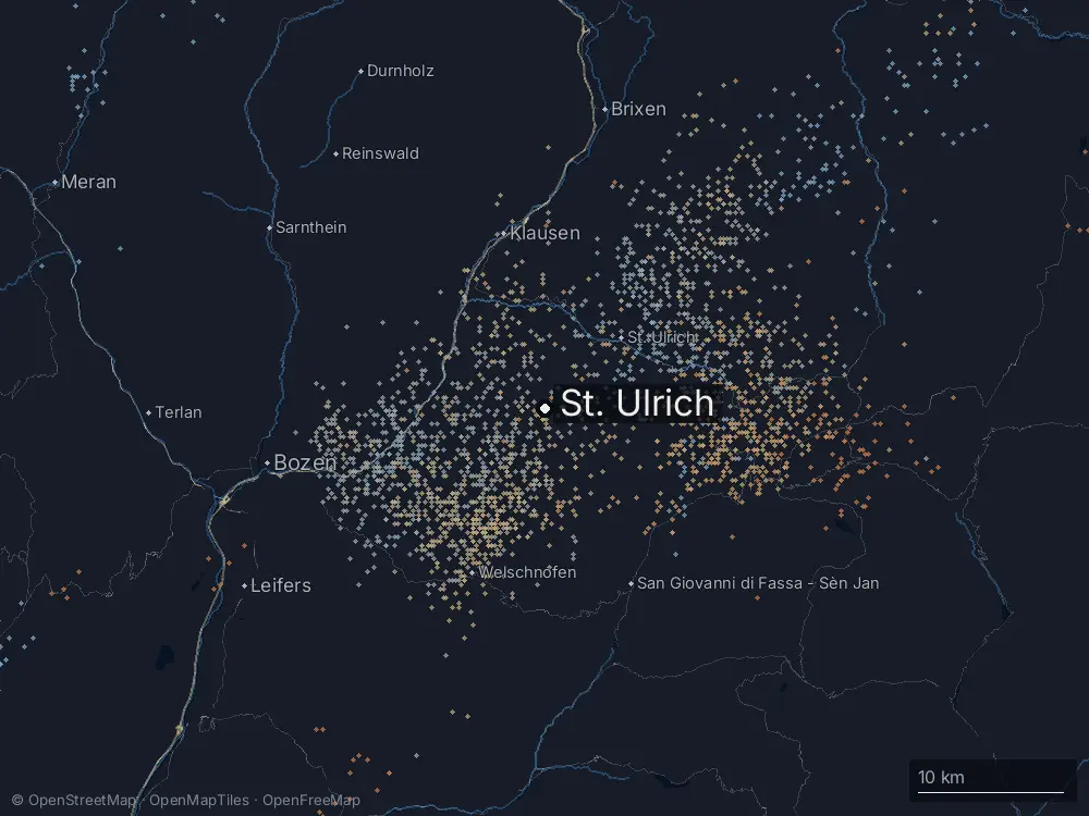 Karte der Blitze bei St. Ulrich am Sonntag, 25. August 2024
