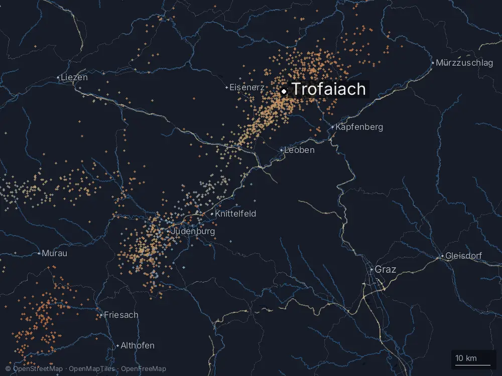 Karte der Blitze bei Trofaiach am Montag, 26. August 2024