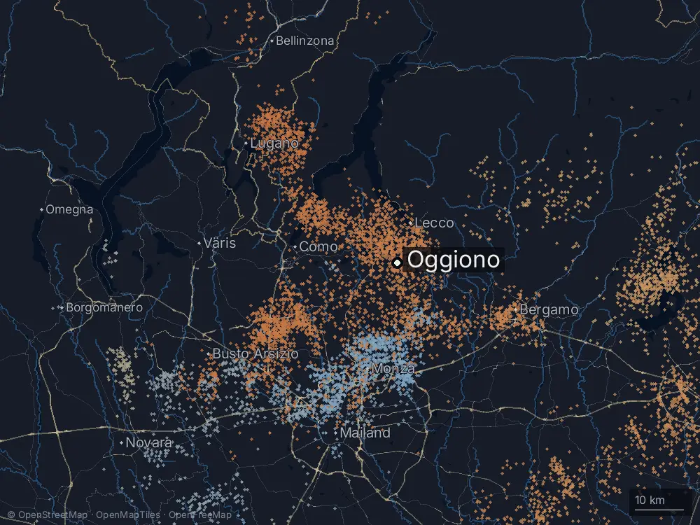Karte der Blitze bei Oggiono am Dienstag, 27. August 2024