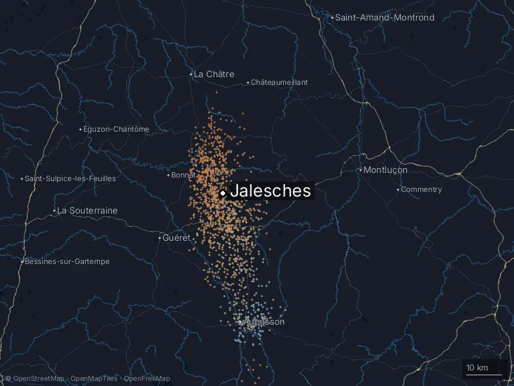 Karte der Blitze bei Jalesches am Freitag, 30. August 2024