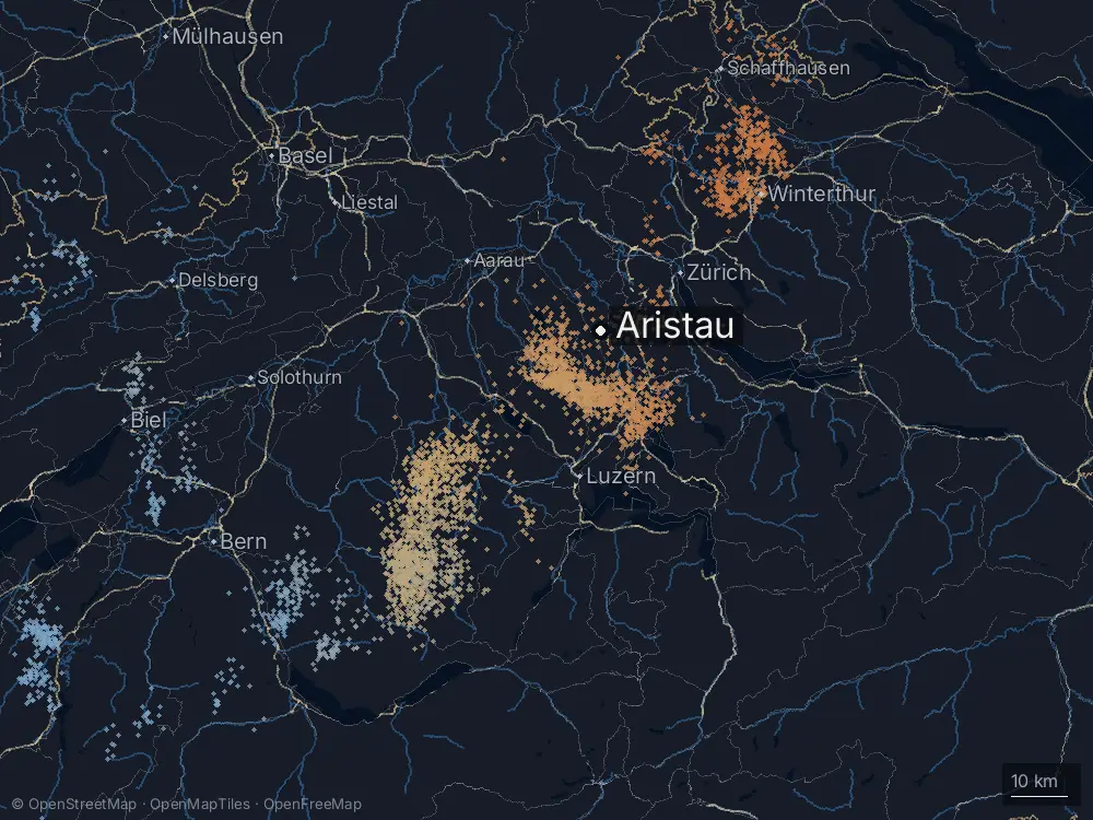 Karte der Blitze bei Aristau am Dienstag, 3. September 2024