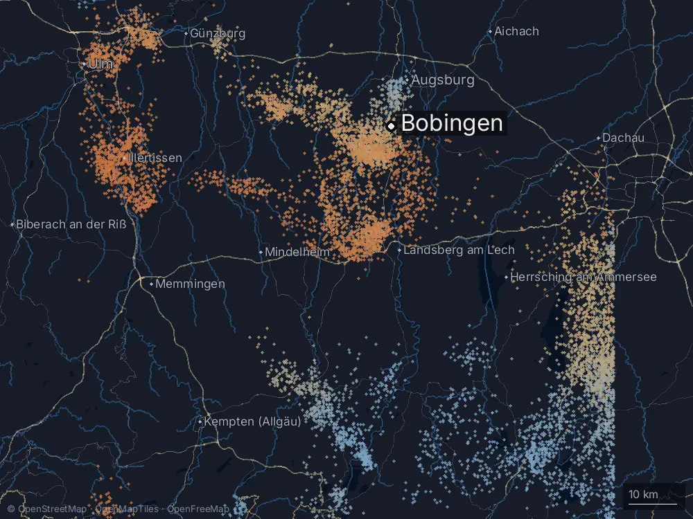 Karte der Blitze bei Bobingen am Mittwoch, 4. September 2024