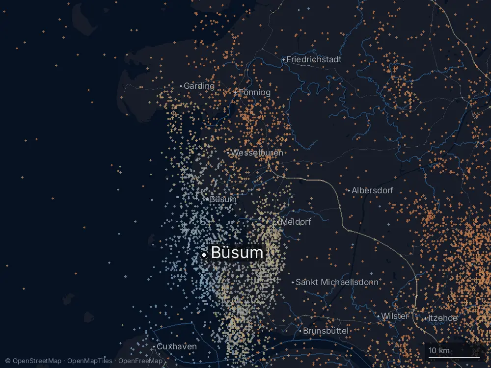 Karte der Blitze bei Büsum am Mittwoch, 4. September 2024
