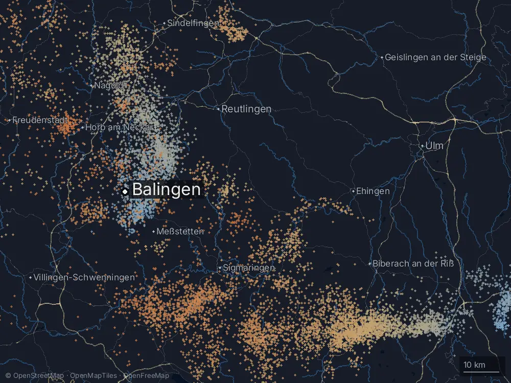Karte der Blitze bei Balingen am Donnerstag, 5. September 2024