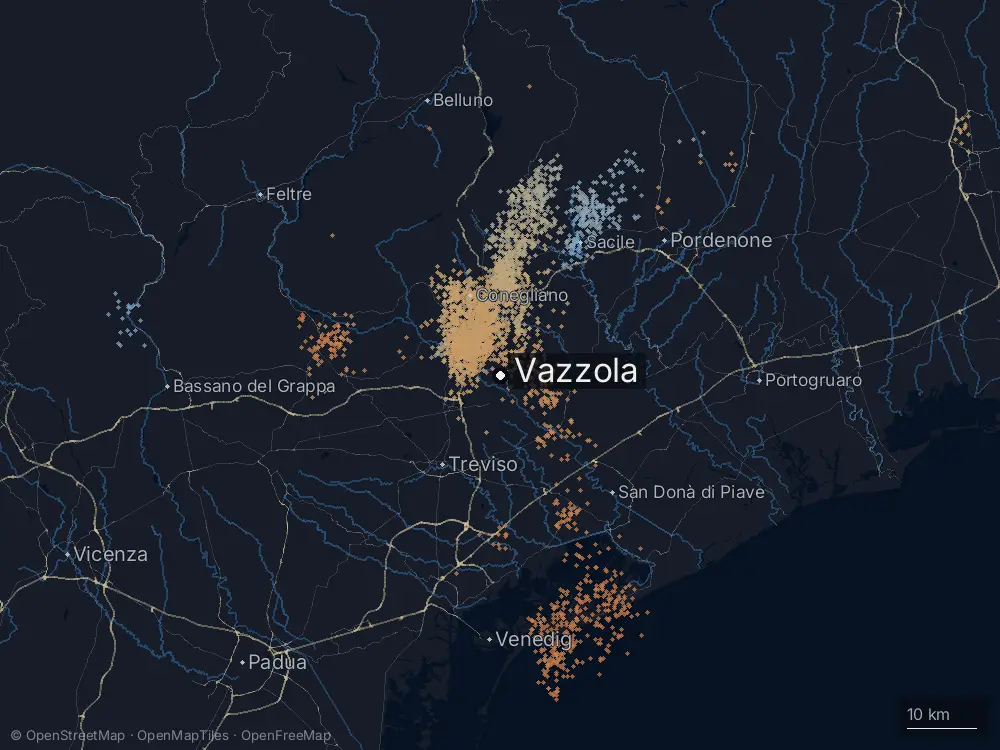 Karte der Blitze bei Vazzola am Dienstag, 10. September 2024