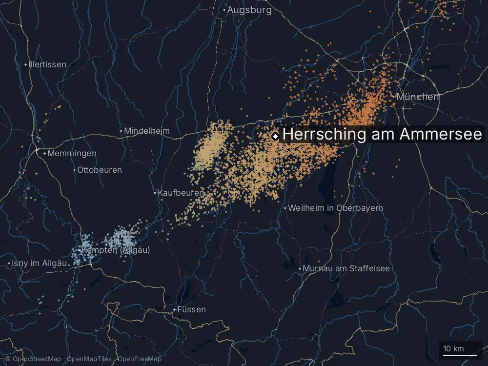 Karte der Blitze bei Herrsching am Ammersee am Montag, 23. September 2024