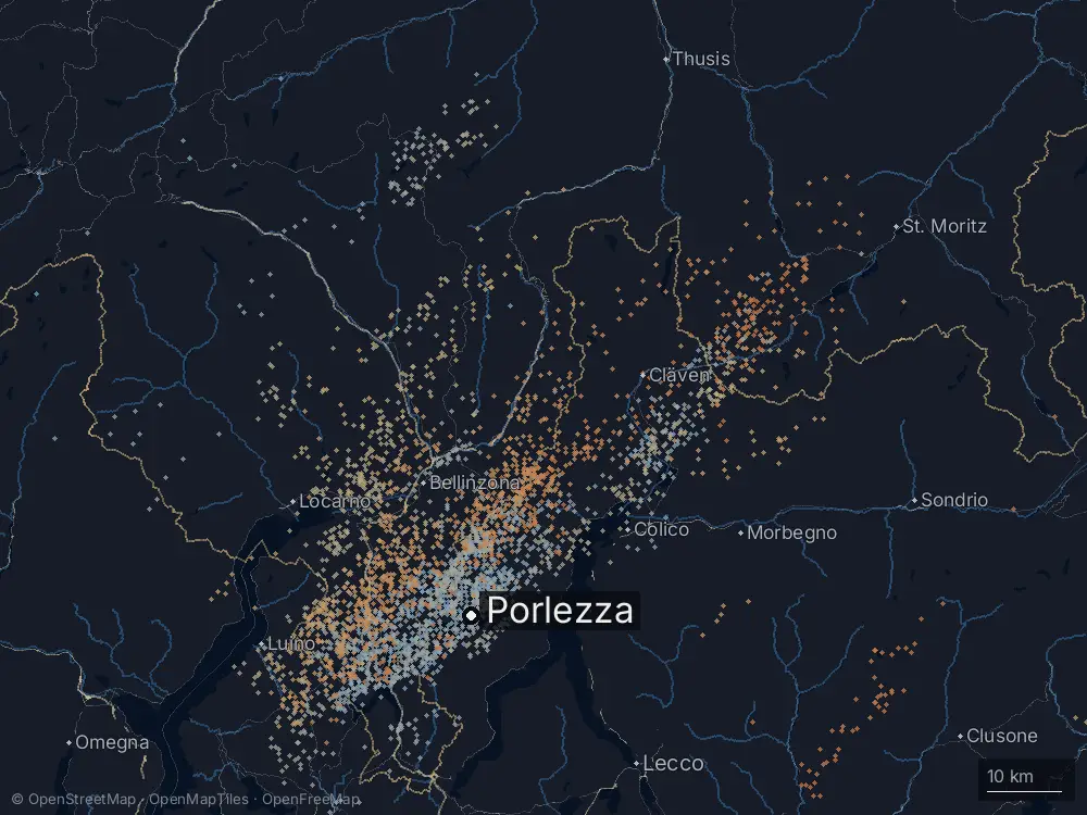 Karte der Blitze bei Porlezza am Freitag, 27. September 2024