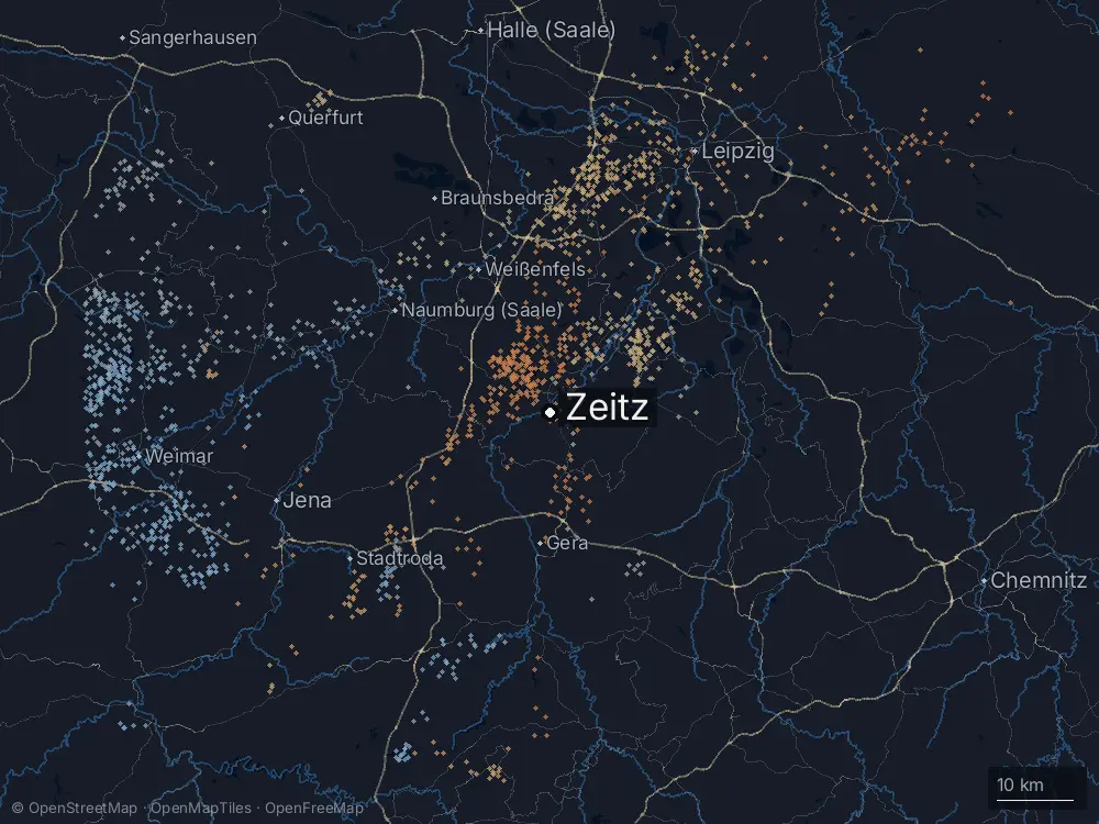 Karte der Blitze bei Zeitz am Sonntag, 20. April 2025