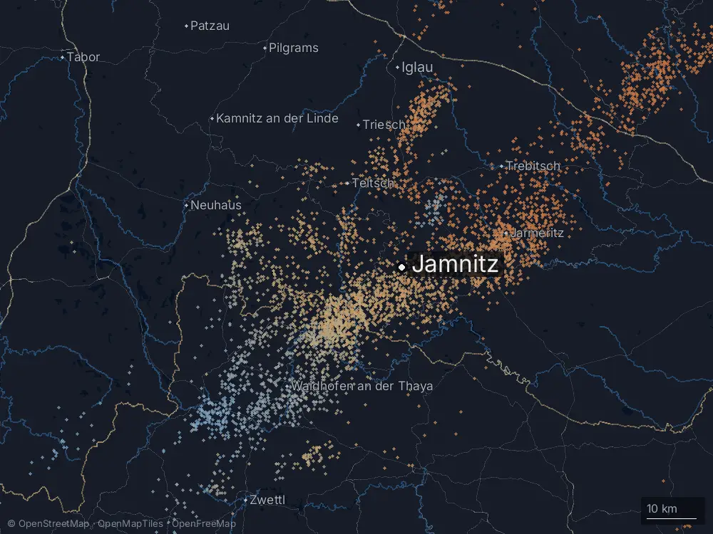Karte der Blitze bei Jamnitz am Montag, 21. April 2025