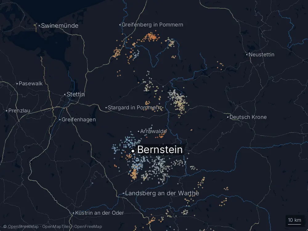Karte der Blitze bei Bernstein am Dienstag, 22. April 2025