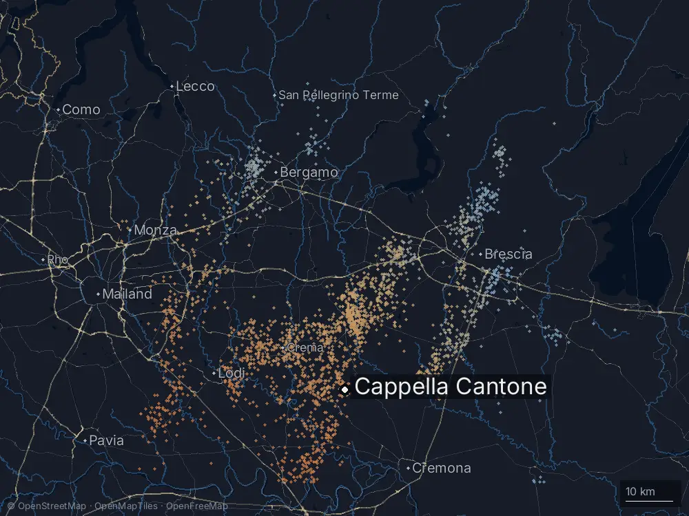 Karte der Blitze bei Cappella Cantone am Freitag, 25. April 2025