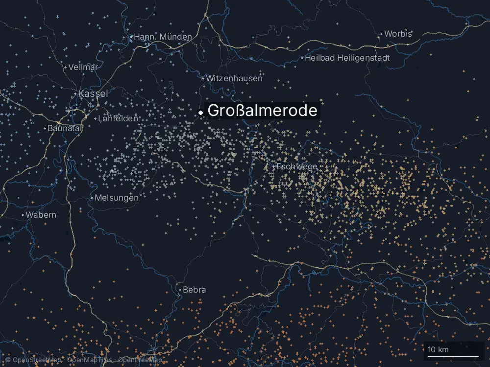Karte der Blitze bei Großalmerode am Samstag, 3. Mai 2025