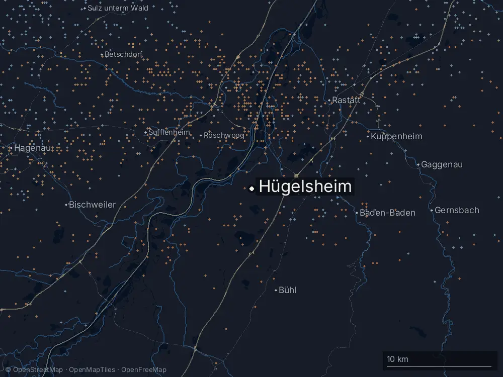 Karte der Blitze bei Hügelsheim am Samstag, 3. Mai 2025
