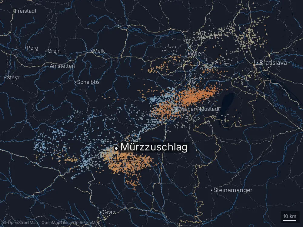 Karte der Blitze bei Mürzzuschlag am Samstag, 3. Mai 2025