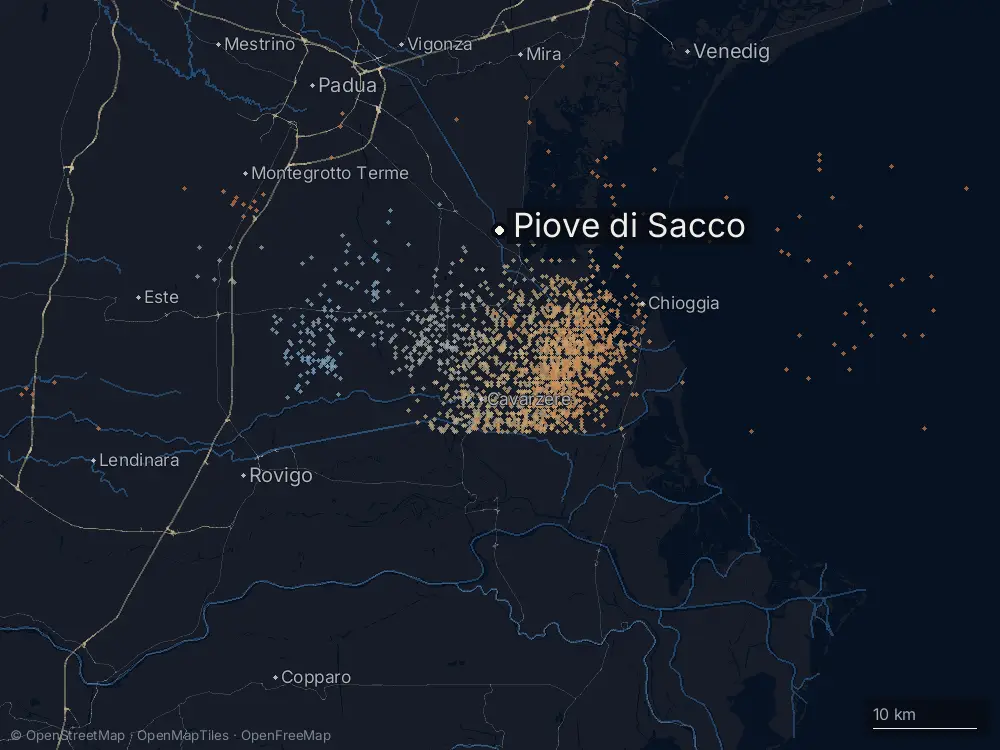 Karte der Blitze bei Piove di Sacco am Mittwoch, 7. Mai 2025