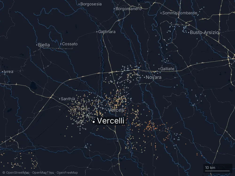 Karte der Blitze bei Vercelli am Mittwoch, 7. Mai 2025