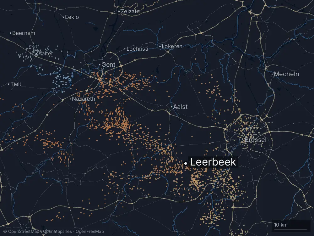 Karte der Blitze bei Leerbeek am Montag, 12. Mai 2025