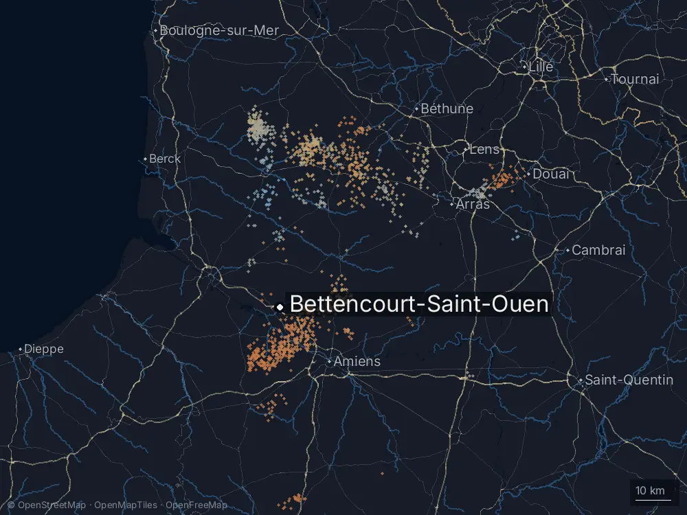 Karte der Blitze bei Bettencourt-Saint-Ouen am Dienstag, 13. Mai 2025
