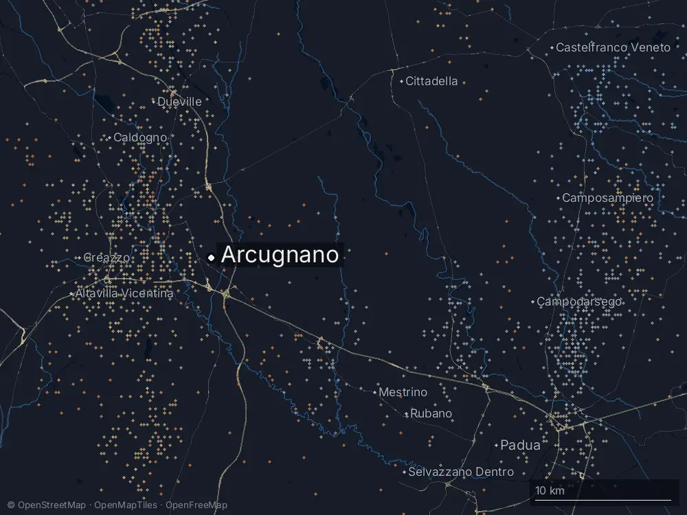 Karte der Blitze bei Arcugnano am Donnerstag, 15. Mai 2025